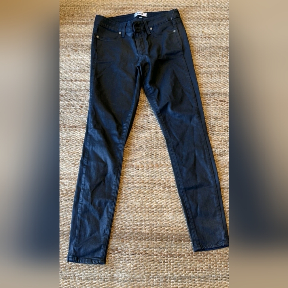 PAIGE  Black  Coated Peg Skinny Textured Jeans Size 28